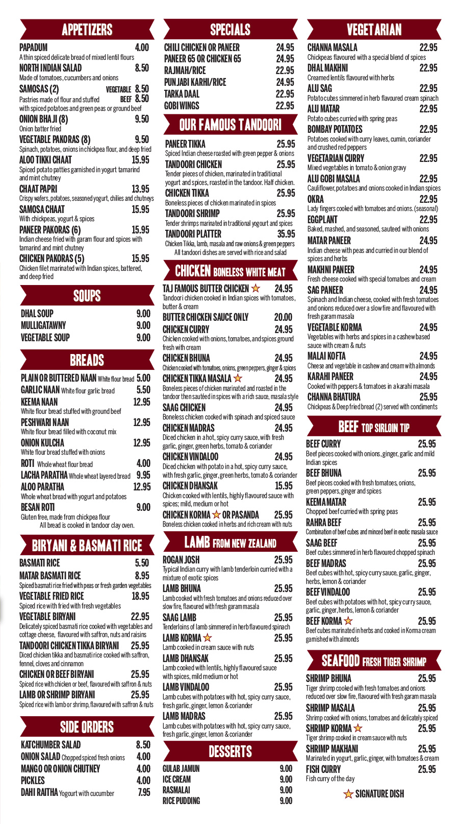 Taj Menu